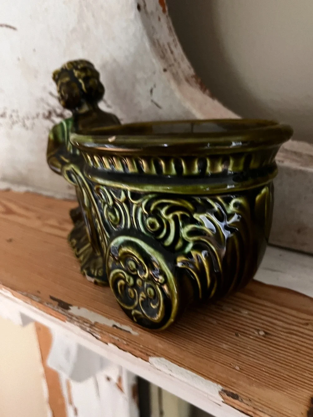 Vintage Green Ceramic Lady Cart Planter Cottagecore Decor